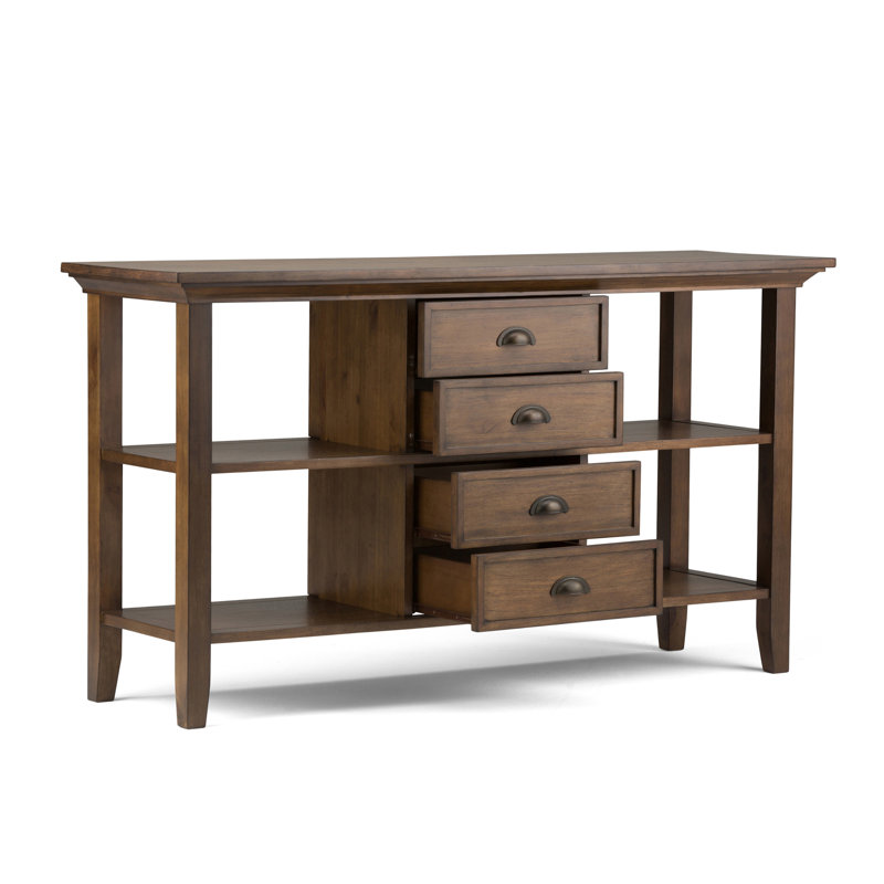 Redmond 54"W Solid Wood Transitional Sofa Table with 4 Drawers and 4 Open Shelves, Rustic Natural Aged Brown
