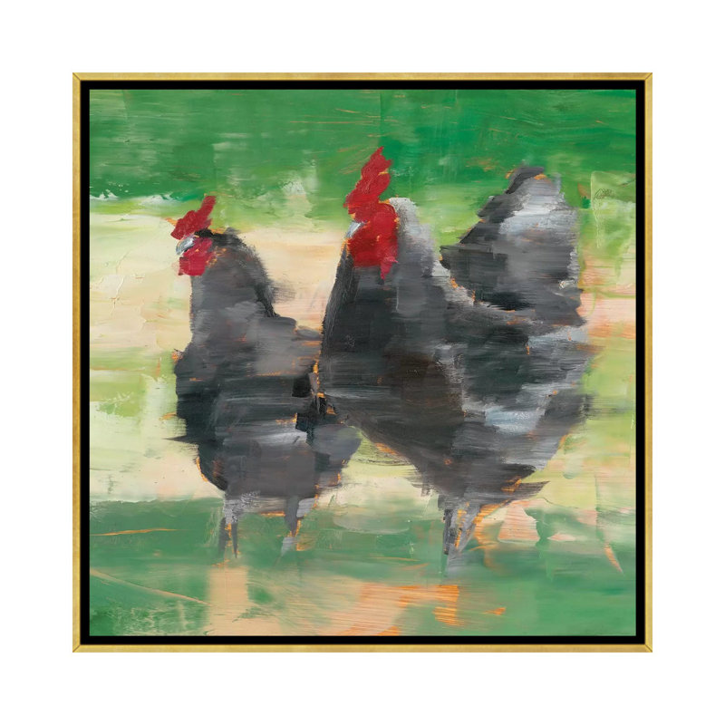 « Black Rooster & Hen II » par Ethan Harper, reproduction d’art, H 37 po x l 37 po x P 1,5 po, Toile encadrée d'or
