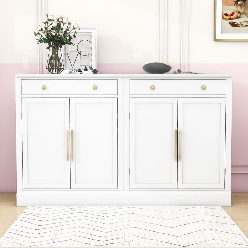 Garde-manger moderne 2 pièces avec tablettes réglables, tiroir et plateau en faux marbre, Blanc