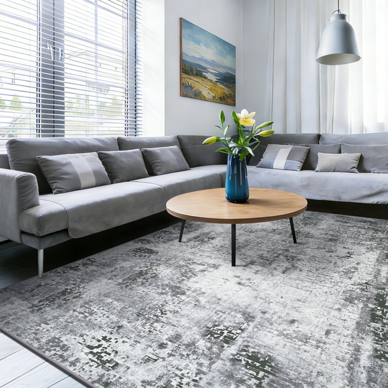 Abstract Washable Soft Living Room Rug, Grey, Rectangle 140 x 200 cm