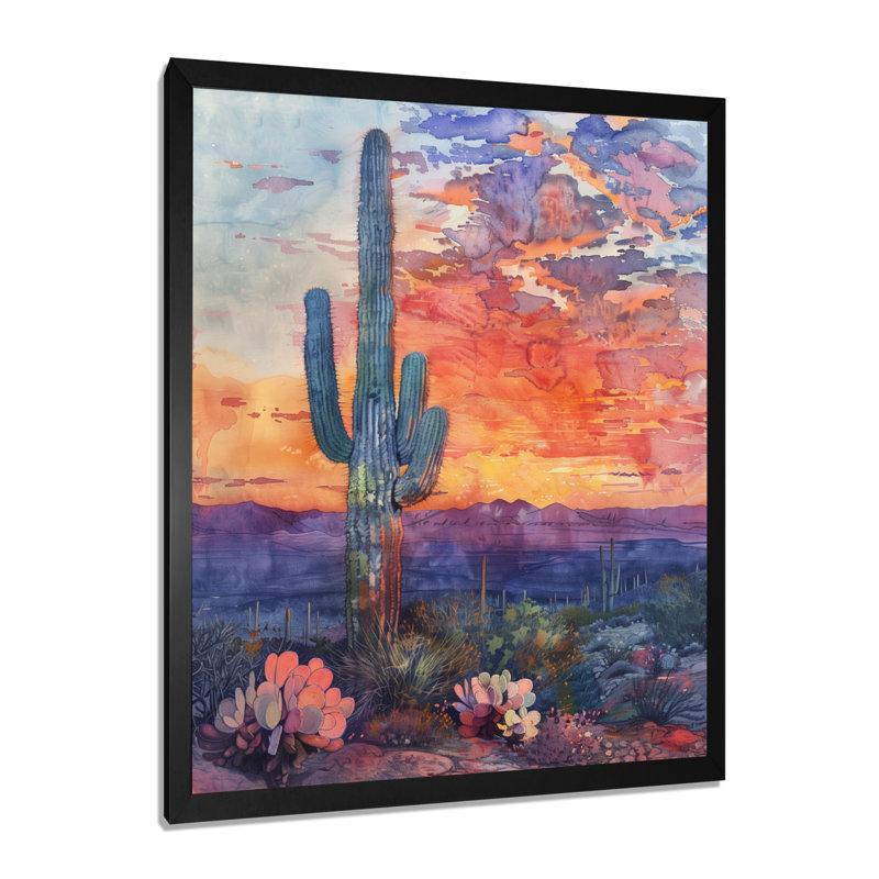 Cactus vert mauve, désert, coucher de soleil II - Cactus, art mural, H 20 po x l 12 po x P 1 po, Toile encadrée noire simple
