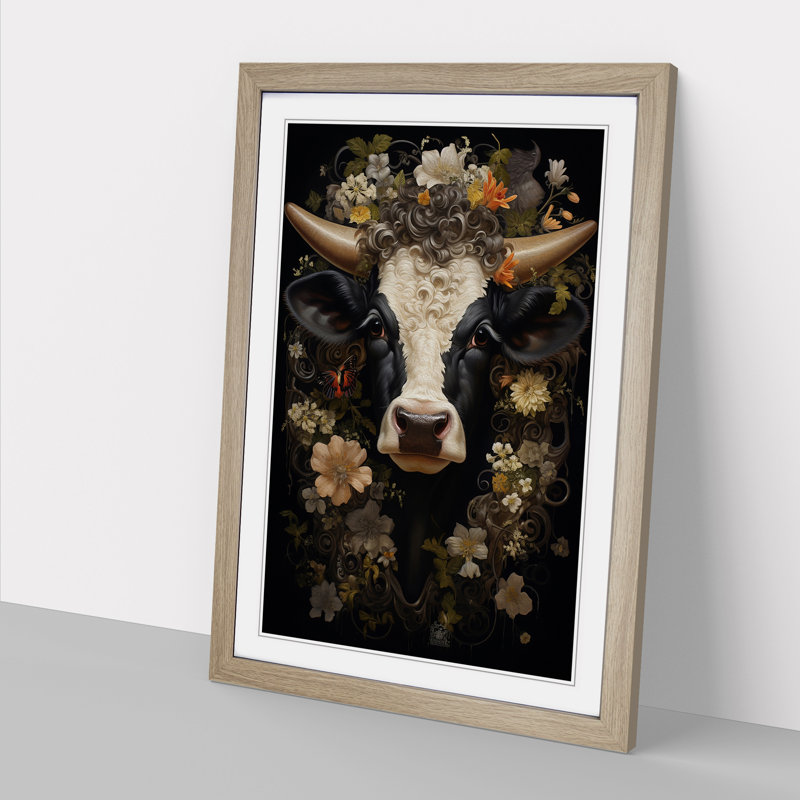 Cow Baroque - Single Picture Frame Print on Wood, Oak Framed, 64cm H x 46cm W x 2cm D