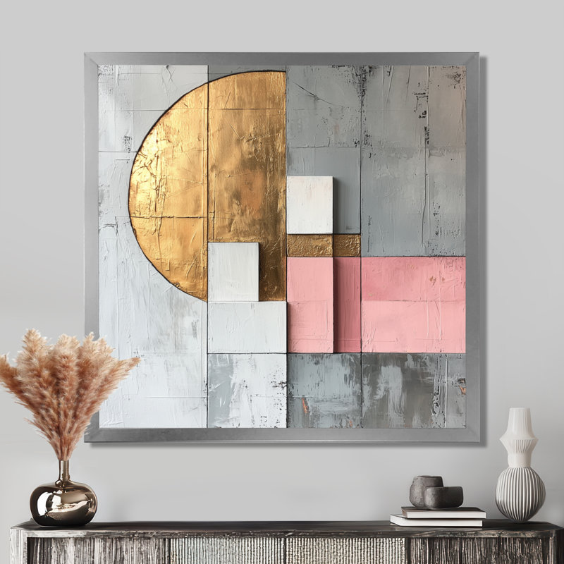 Motif géométrique abstrait géométrique doré rose et gris, H 30 po x l 30 po, Avec cadre, Argent