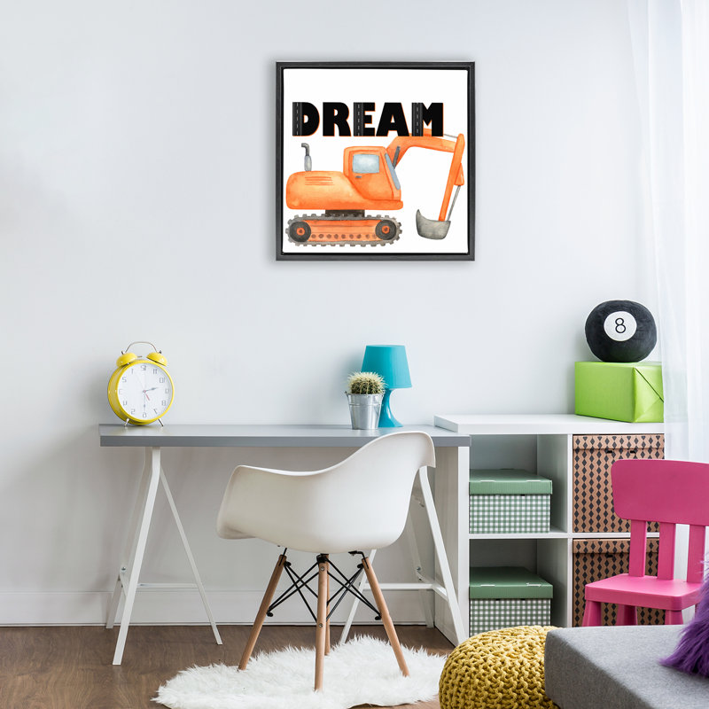 «Dream with Orange Excavator Floating Frame», conception de Kim Allen, Cadre flottant noir de jais, H 18 po x l 18 po