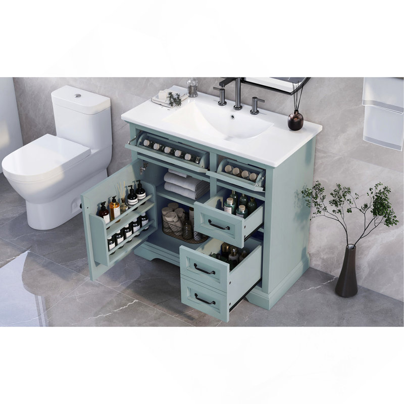 Meuble-lavabo 36 po avec lavabo, lavabo en céramique, 2 tiroirs basculants, charnières de porte à fermeture en douceur, gris