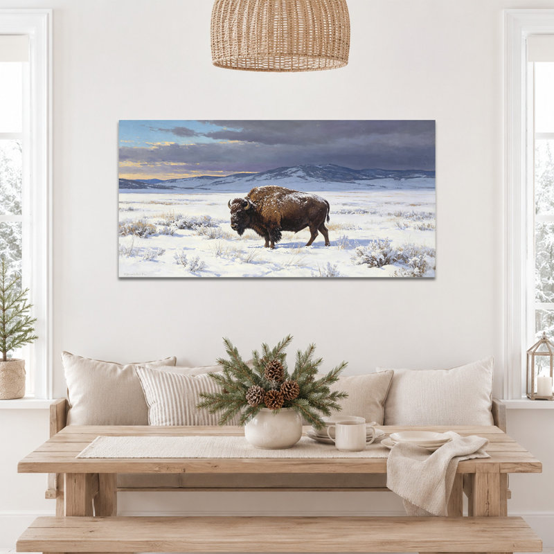 Tableau sur toile représentant un bison en hiver, paysage rustique enneigé de montagne, style rétro, idéal pour le salon, la chambre ou le bureau. Dimensions : 40 x 80 cm (16 x 32 pouces).