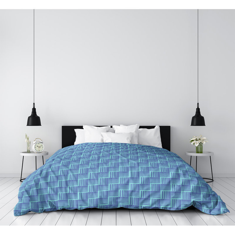 Housse de couette simple à rayures baskettressées, Housse de couette pour très grand lit, Bleu sarcelle/bleu