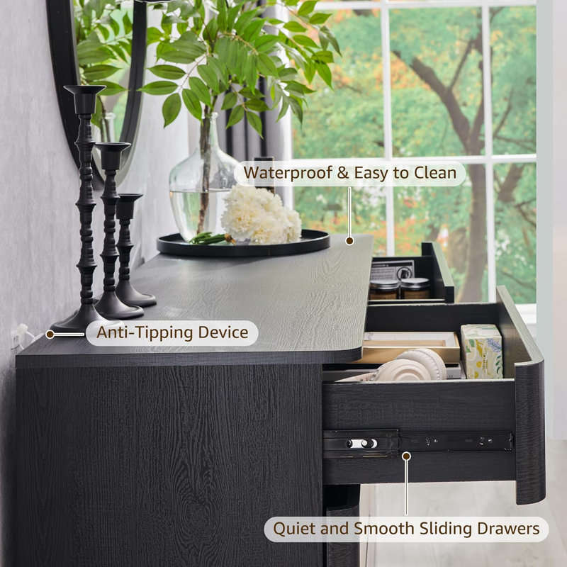 52"W Modern 8 Drawer Double Dresser, Wood Tall Chest of Drawers with Curved Profile Design, Black