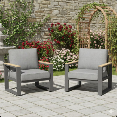 Set Of 2 26.6" All-Weather Aluminum Patio Armchairs With Thick Cushions