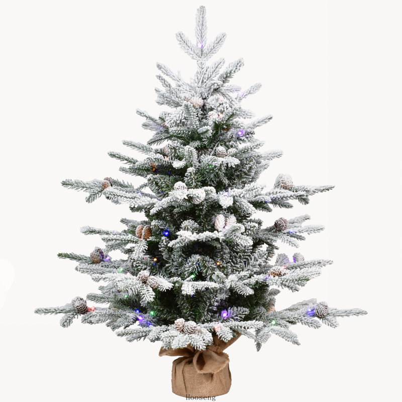Sapin de Noël floqué préilluminé de 90 cm avec 100 lumières DEL bicolores et 528 branches, base en toile de jute et ciment