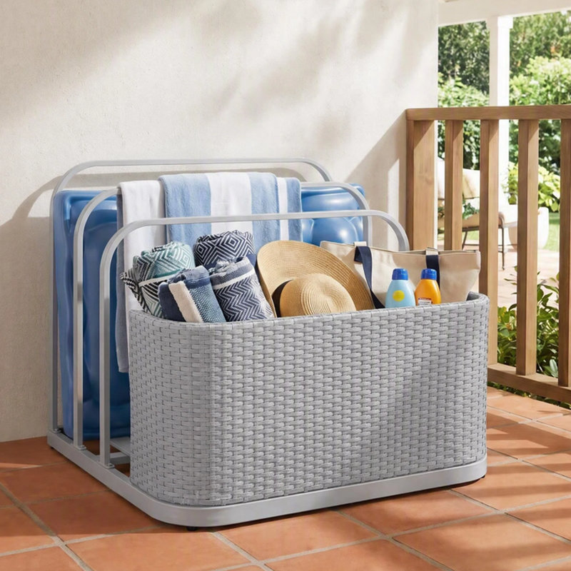 Sunjoy 35 in Oversized Pool Float Storage Rack, Rust-Proof Aluminum Frame, Easy-Clean Outdoor Wicker, Poolside Organizer for Cushions, Floaties, Noodles, Pool Toys, Grey