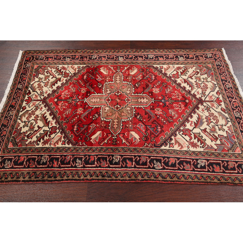 Tapis décoratif en laine noué à la main de conception unique Heriz rouge 3 pi 5 po x 4 pi 10 po