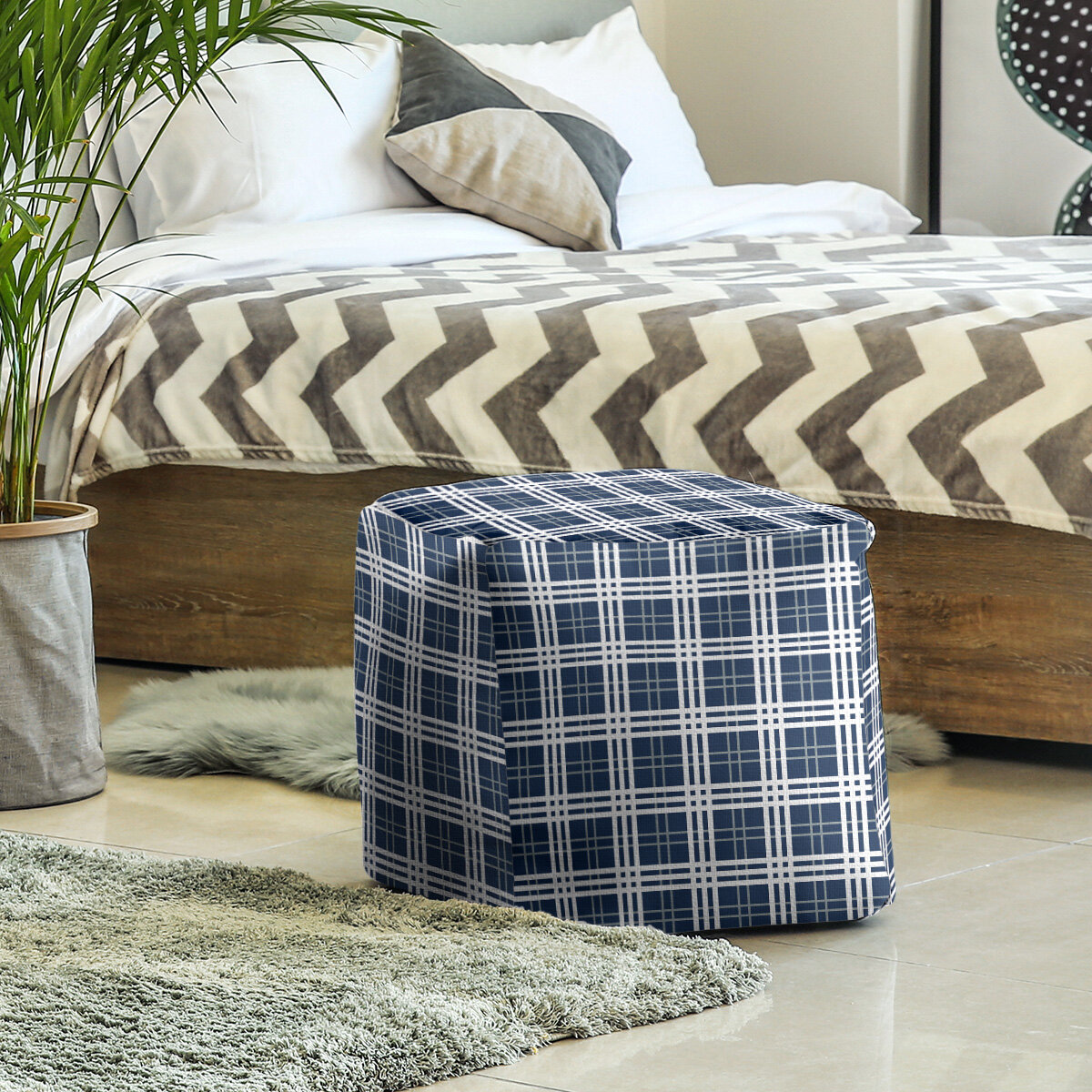 Dallas Square Plaid Pouf Ottoman East Urban Home Size: 18 H x 18 W x 18 D, Fabric: Blue/White/Silver Polyester Blend