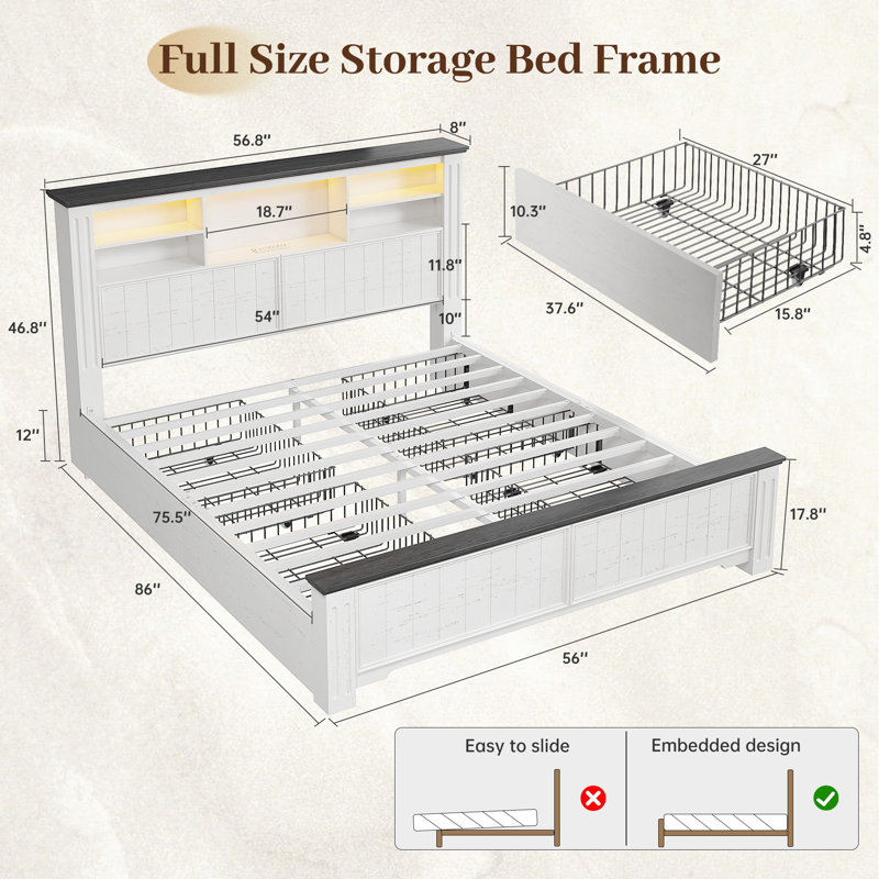 Structure de lit de ferme avec tête de lit et éclairage à DEL et USB, 4 tiroirs sous le lit, station de charge intégrée, aucun bruit, aucun sommier nécessaire