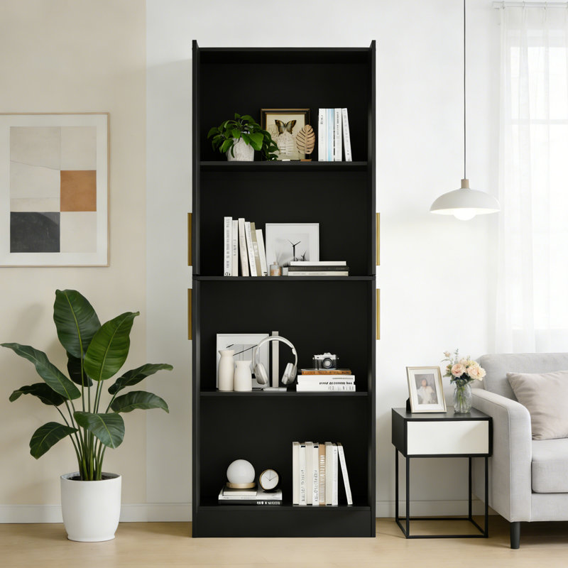 Armoire de 71 po de hauteur avec 4 portes, armoire de rangement pour garde-manger, armoire de garde-manger autoportante, huche de cuisine avec poignées dorées pour la salle à manger, salle de bain, noir