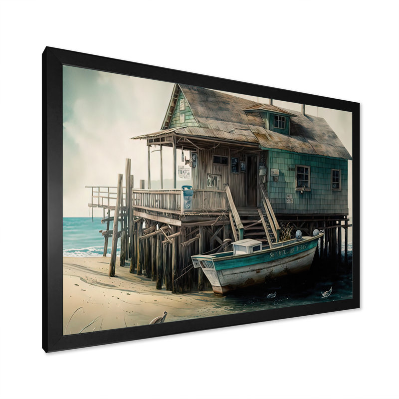 Port rustique avec un bateau de pêche I - art mural côtier, H 30 po x l 40 po x P 1,5 po, Cadre simple noir