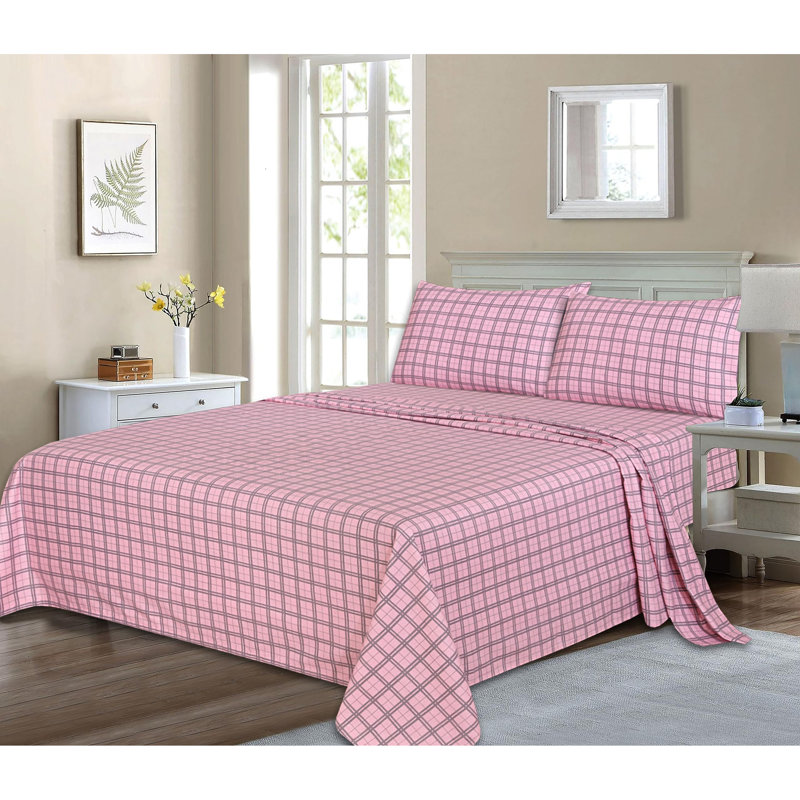 Ensemble de draps 100% flanelle 4 pièces, Ensemble de draps très grand californien avec 4 p, Carreaux et boulons rose / rayé