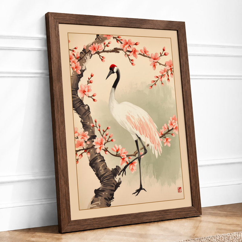 Cranes Beneath Blossom Japandi - Framed Print, A4 - 29.7 x 21.0 cm, Walnut