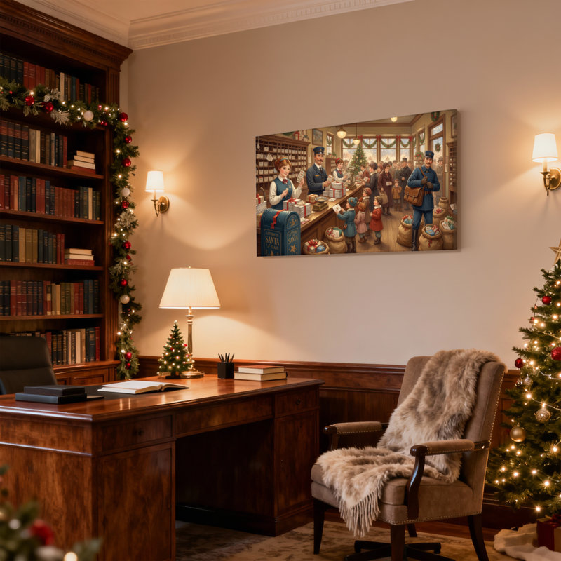 Scène de bureau de Noël avec enfants et courrier, ensemble de 3 impressions sur toile, H 12 po x l 18 po