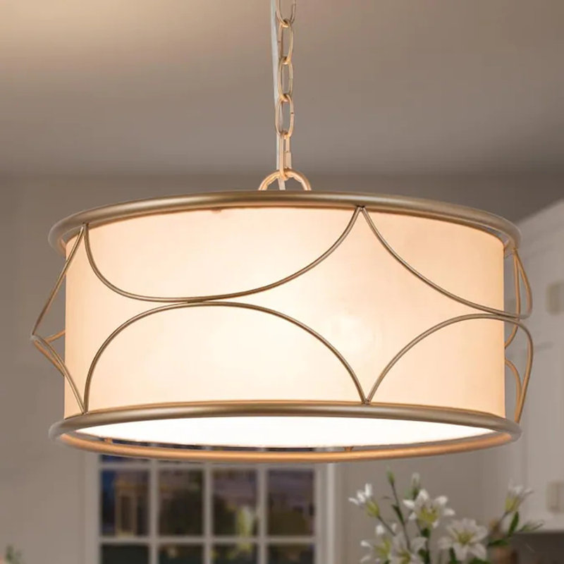 Lustre tambour 3 lumières en tissu doré et blanc classique