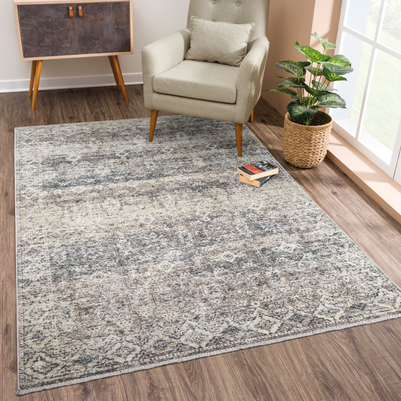 Washable Non-Slip Area Rug - Beige Brown / Teal Traditional Oriental Area Rug for Entryway, Hallway, Bathroom, and Kitchen