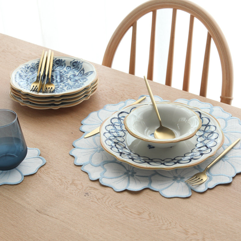 Chrsitine Linen Embroidered Round Table Runners, Blue