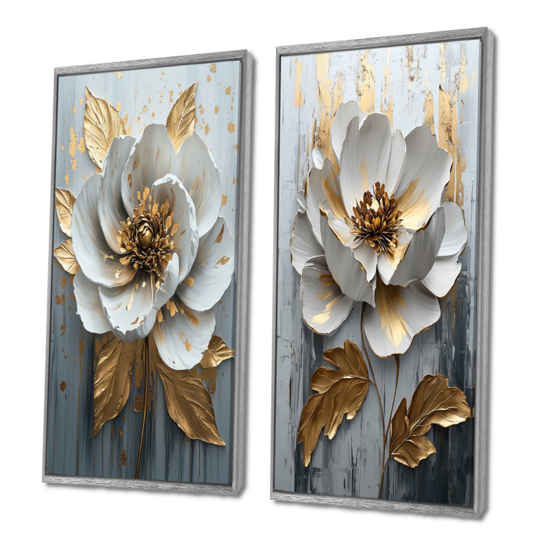 Ensemble de 2 pièces d'art mural pivoine blanche et dorée, H 28 po x l 24 po, Cadre argenté flottant