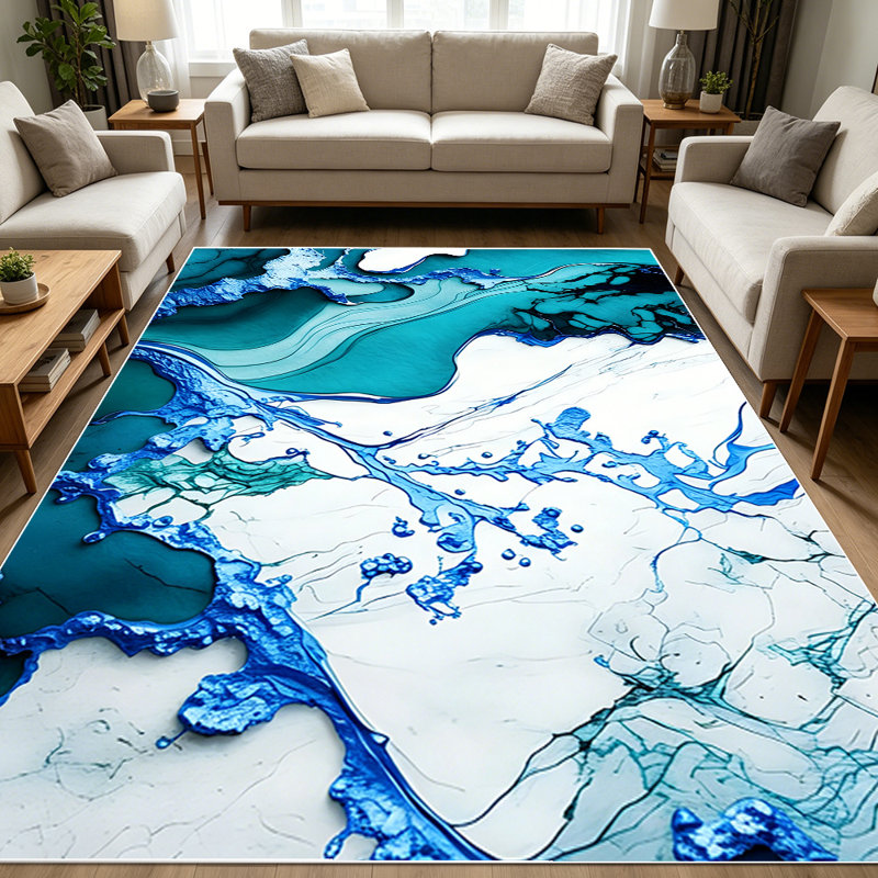 1PC Teal Blue Abstract Fluid Marble area rugs for Living Room, Soft and Comfortable, Suitable for all seasons, easy-to-maintain, machine washable Indoor floor mat, Under Table Farmhouse suitable for dining room, bedroom, entryway, kitchen, home