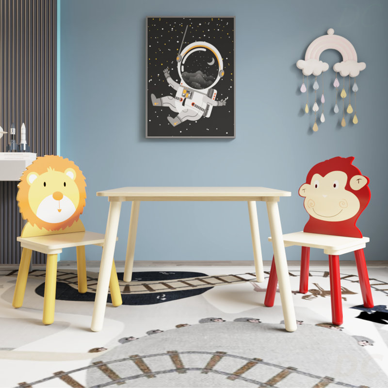 Ensemble de table et 2 chaises pour enfants, ensemble de table et de chaises pour tout-petits 3 pièces, ensemble de table de jeu en bois (lion et singe)