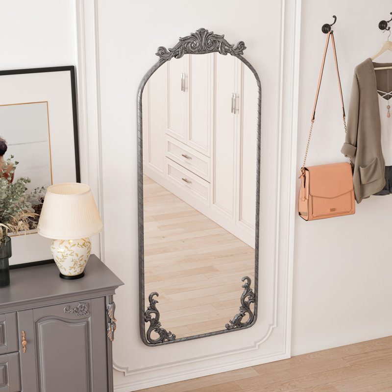 58"X24" Arched Full Body Mirror With Vintage Ornate Carved Applique On Top And Bottom, Hanging Wall Mounted Mirror, For Living Room Bedroom Retro Home Decor Mirror, Antique Silver