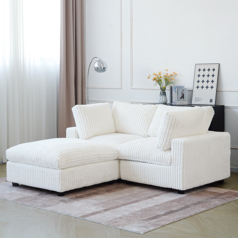3 - Piece Upholstered Sectional, Beige Faux Fur