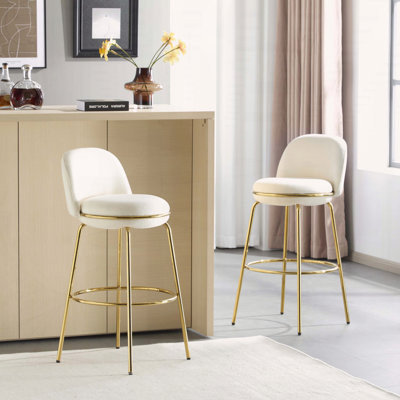 Rio Claro Indoor Metal Upholstered Barstool with Gold Frame and Beige Upholstery, Set of 2