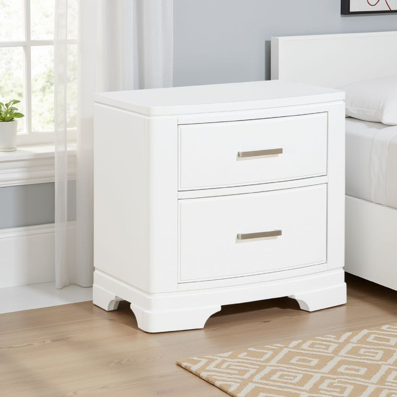 Table de chevet 2 tiroirs Hudy, 26 pouces, placage de bouleau, Blanc