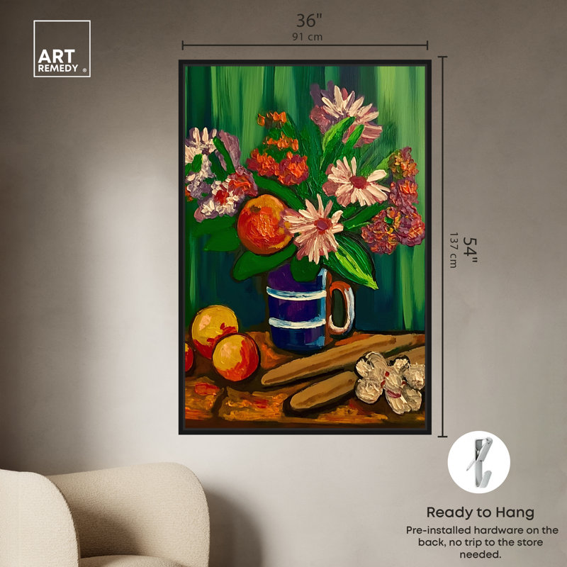 Vase floral et fruits, Cadre noir, H 55 po x l 37 po