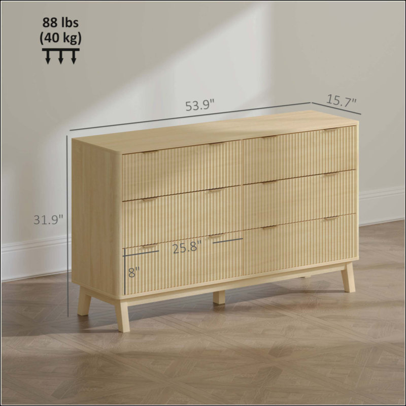 Commode Closet, commode double 6 tiroirs pour la chambre à coucher, Natural Wood