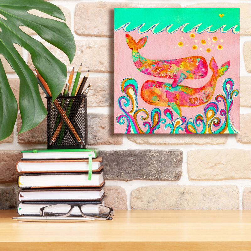 «Pink Whales» par Wyanne, art mural sur toile, H 12 po x l 12 po x P 0,75 po