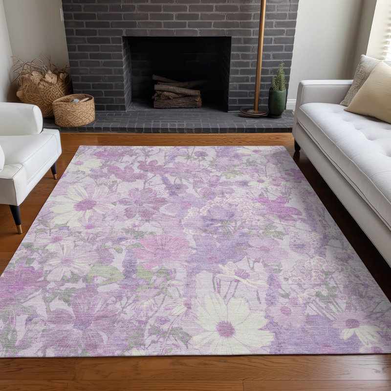 Lavender Floral Rectangular Synthetic Washable Rug 2'6" x 3'10"