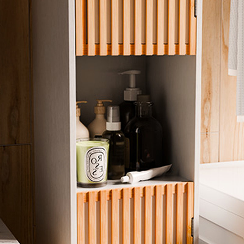 Armoire de salle de bain haute avec lattes et compartiment ouvert, laqué blanc, rangement réglable, décor fonctionnel