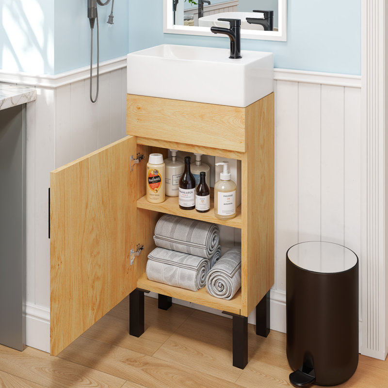 16 Inch Bathroom Vanity With Ceramic Sink For Small Space, Brown