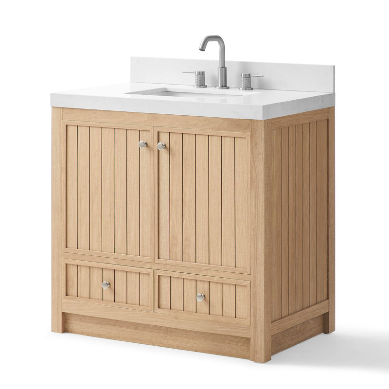 Meuble-lavabo de salle de bain Aula avec comptoir en quartz blanc Thassos de 2 po, Chêne naturel nordique, 36"