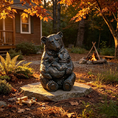Statue d'ours et son ourson réaliste en bronze antique, pour jardin extérieur, porche, pelouse, terrasse, allée. Décoration extérieure