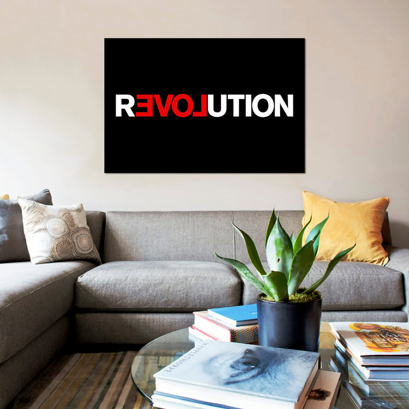 « revolution », art textuel sur toile, H 18 po x l 26 po x P 1,5 po