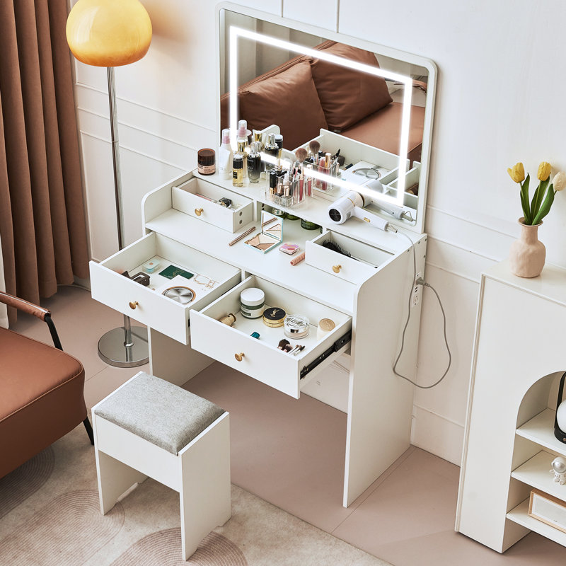 Grand meuble-lavabo blanc avec miroir et lumières, tabouret de rangement, coiffeuse à maquillage pour chambre