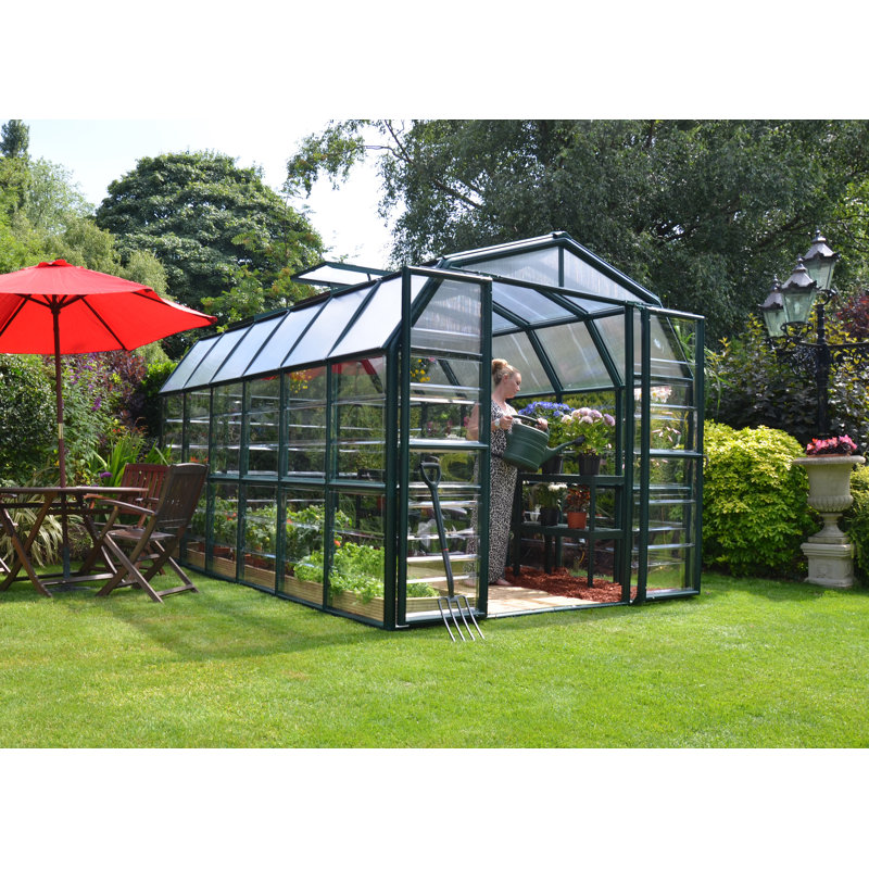 Palram - Canopia Grand Gardener 2 - 8' W x 12' D Walk-In Hobby Clear Polycarbonate Resin Frame Greenhouse Kit with Roof Vent and Base - Green