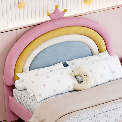 Full Size Rainbow Upholstered Platform Bed, Pink Velvet Princess Bed with Storage Drawer, No Box Spring Needed, Kids Bedroom Bed