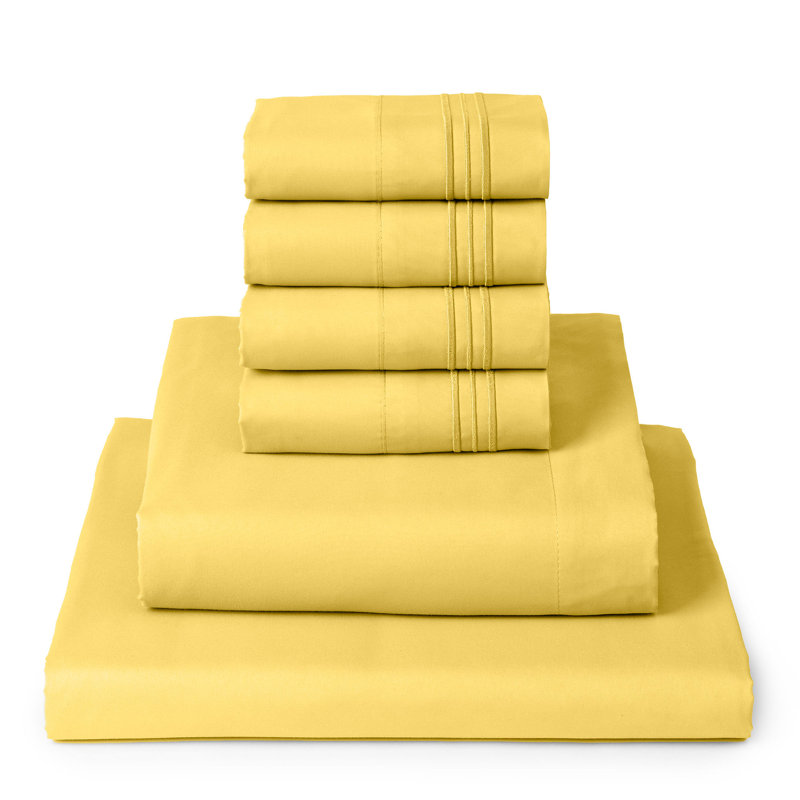 Ensemble de draps 6 pièces Mellanni 1800, Jaune, Ensemble de draps très grand californien avec 2 t