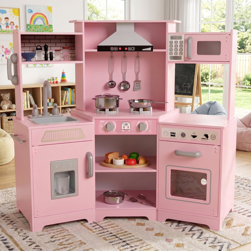 JOYLDIAS Corner Wooden Pretend Kids Play Kitchen, Toddler Kitchen Toys Playset, Pink