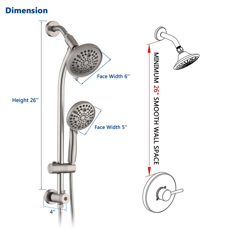 Pomme de douche à pluie avec douchette à main, barre coulissante réglable sans perceuse de 26 po, Nickel brossé