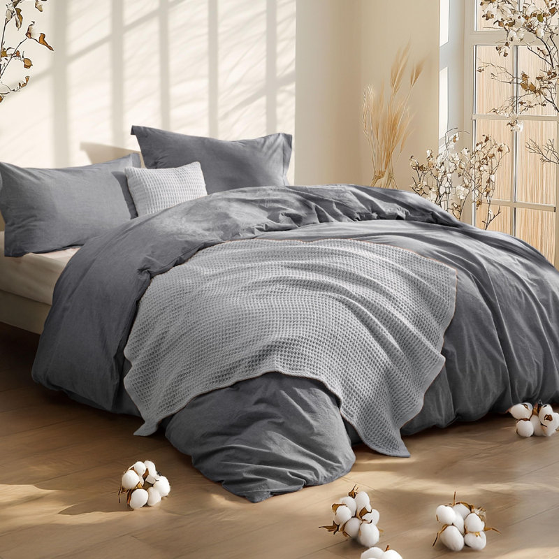 Édredon en coton avec jeté de lit et coussin décoratif, ensembles d'édredon Literie, Gris foncé