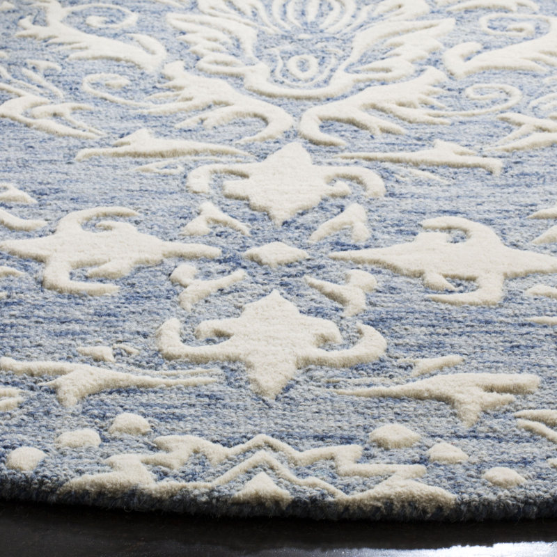 Ferrera Ikat Handmade Tufted Wool Blue / Ivory Area Rug, Round 4'